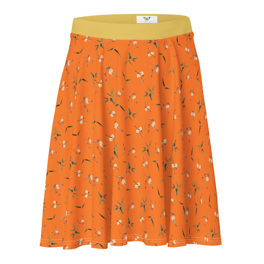 The Spirit of Flowers in Twelve Months｜Crimson Plum Blossom and Lush Green Bamboo｜Skater Skirt｜seamless print｜Orange