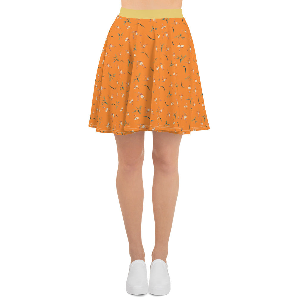 The Spirit of Flowers in Twelve Months｜Crimson Plum Blossom and Lush Green Bamboo｜Skater Skirt｜seamless print｜Orange