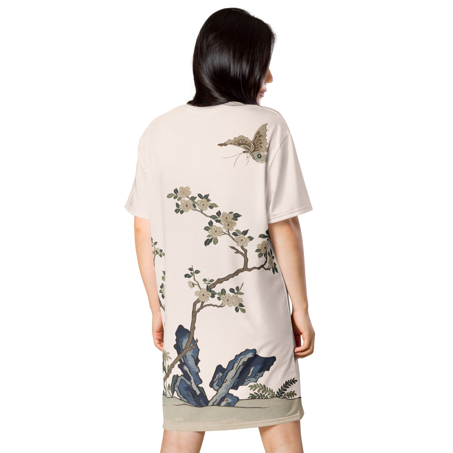 Kesi Flower Album｜White Plum Blossoms and Butterfly｜T-shirt dress｜Fish belly white