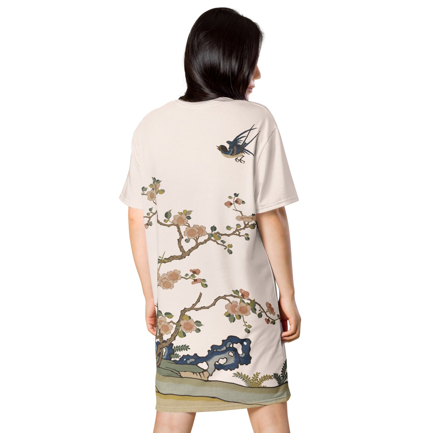 Kesi Flower Album｜Swallow in Flight, Harbinger of Spring｜Tシャツワンピース｜フィッシュベリーホワイト