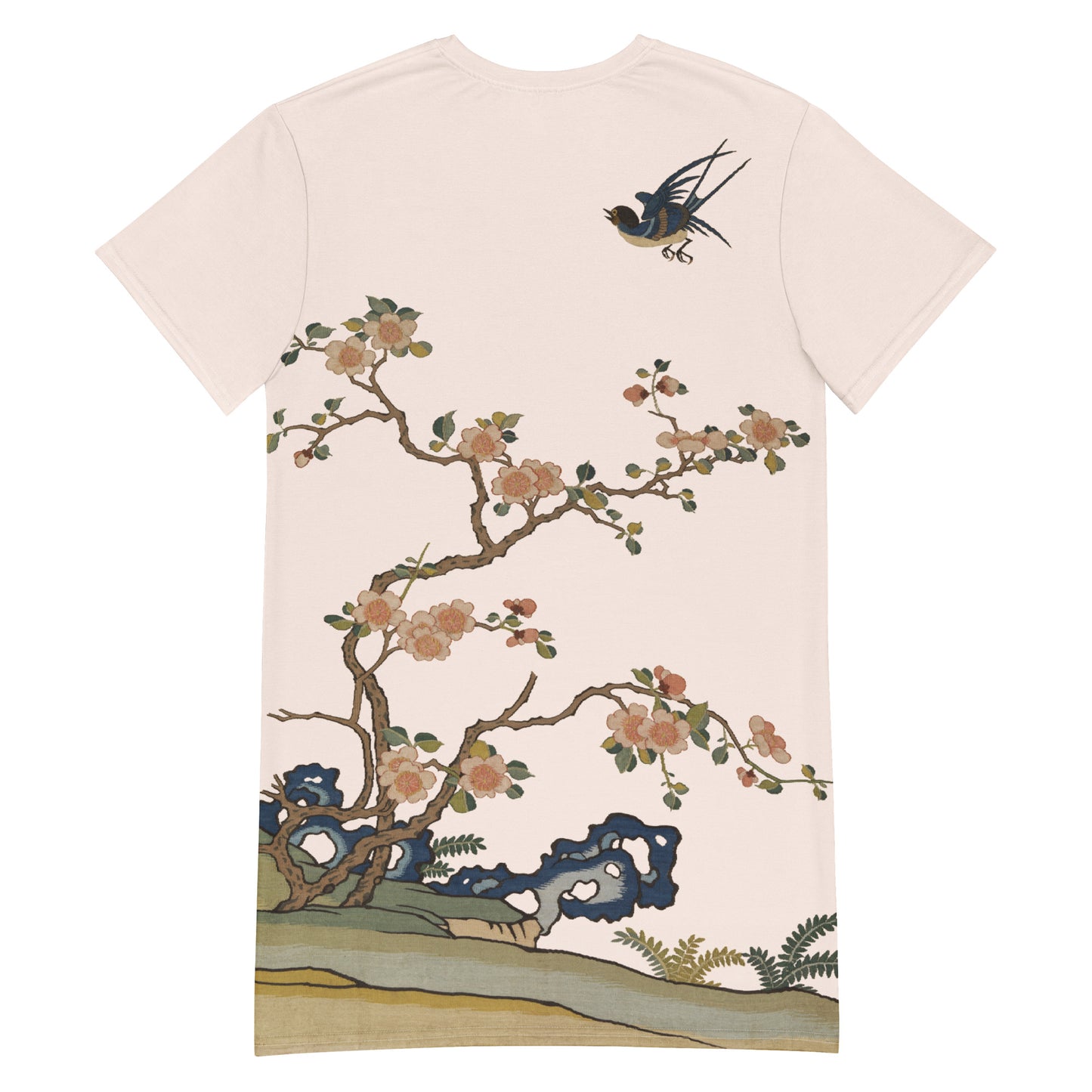 Kesi Flower Album｜Swallow in Flight, Harbinger of Spring｜Tシャツワンピース｜フィッシュベリーホワイト