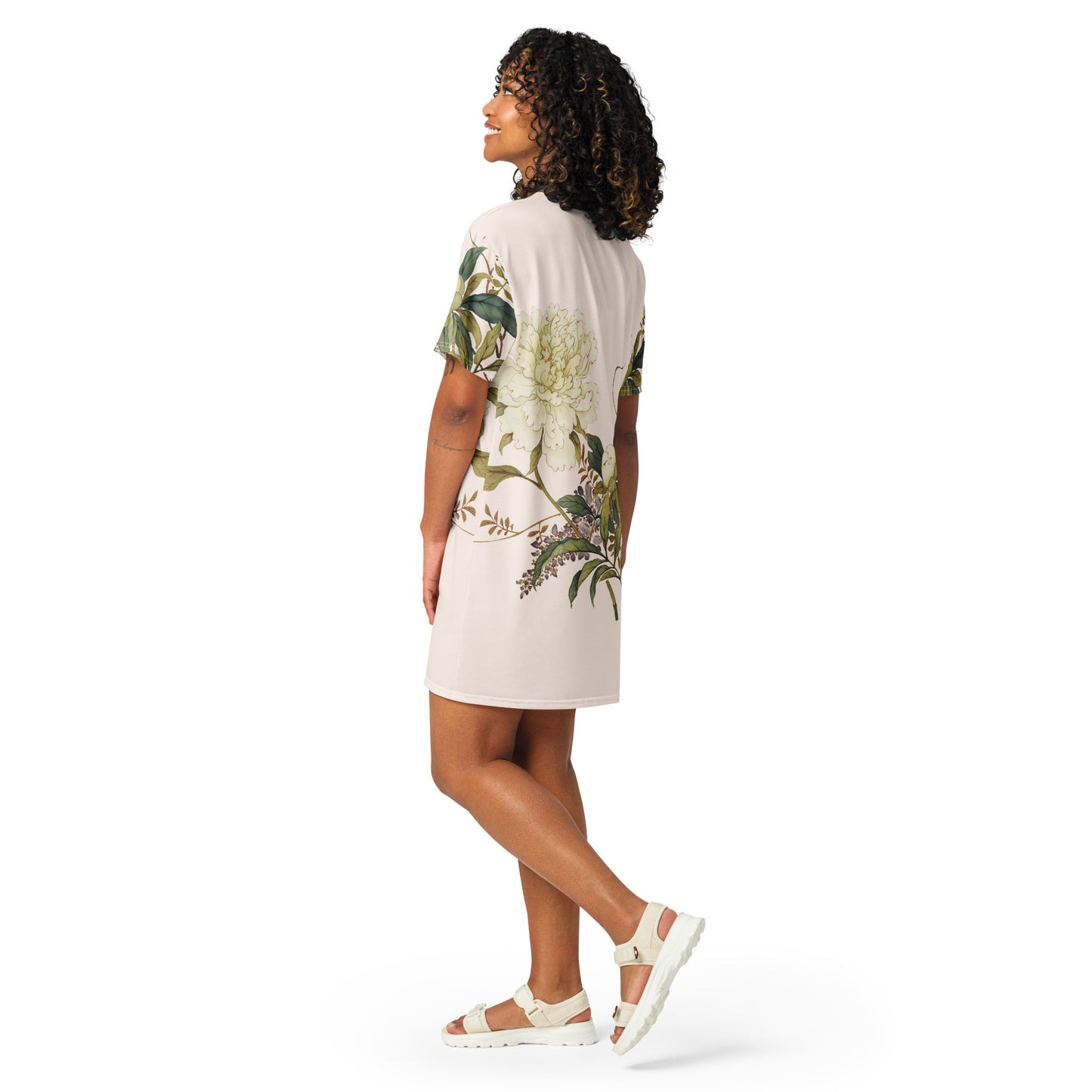 The Spirit of Flowers in Twelve Months｜Chinese Peony and Wisteria in Bloom｜T-shirt dress｜Fish belly white