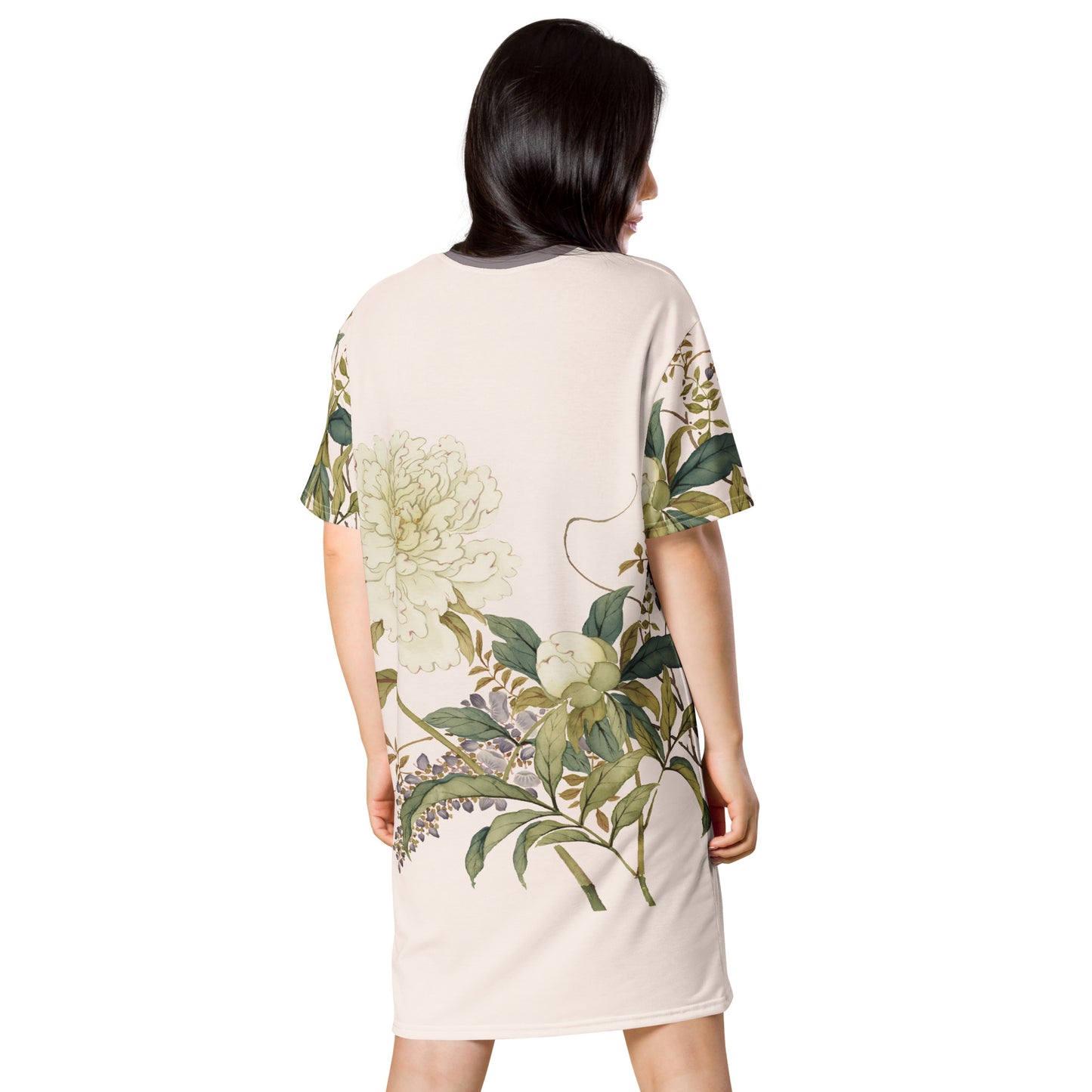 The Spirit of Flowers in Twelve Months｜Chinese Peony and Wisteria in Bloom｜T-shirt dress｜Fish belly white