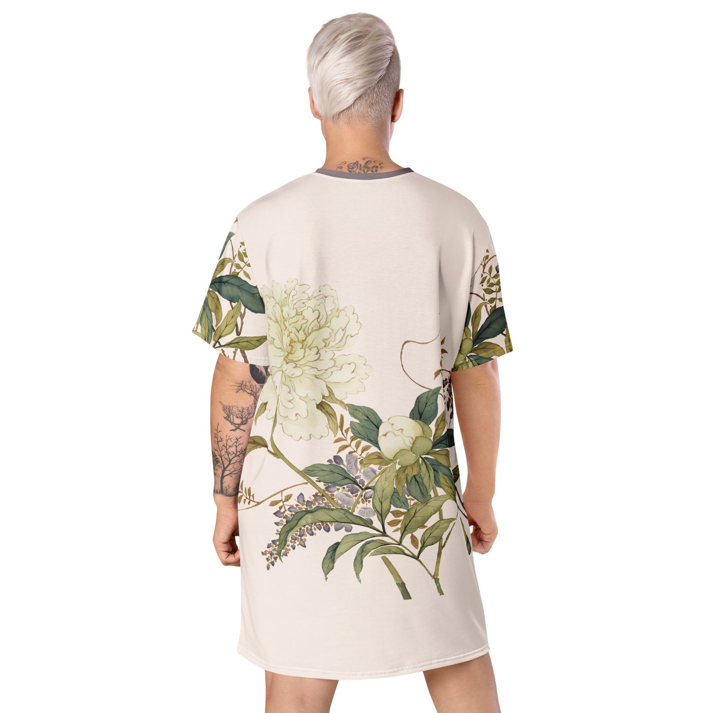 The Spirit of Flowers in Twelve Months｜Chinese Peony and Wisteria in Bloom｜T-shirt dress｜Fish belly white