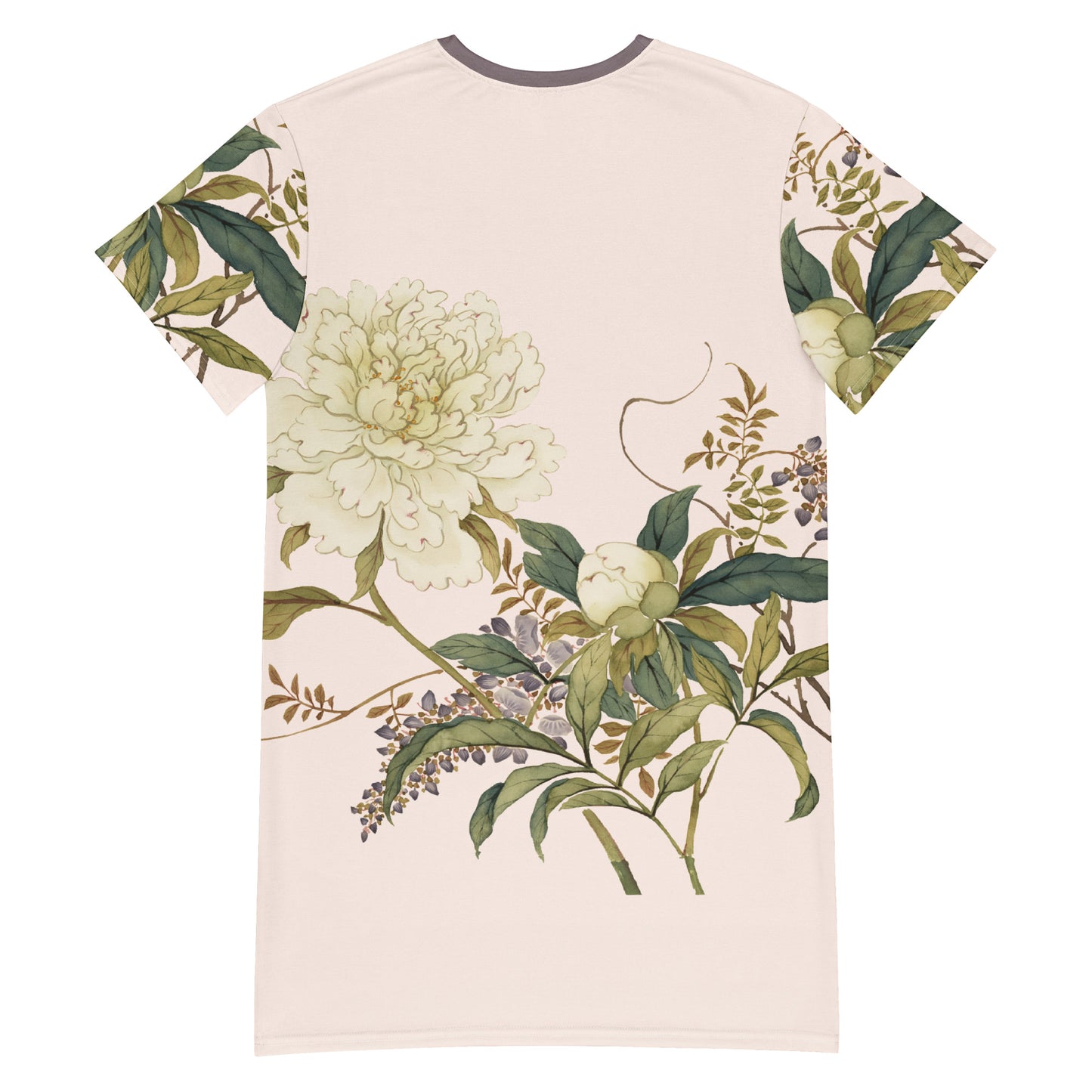 The Spirit of Flowers in Twelve Months｜Chinese Peony and Wisteria in Bloom｜T-shirt dress｜Fish belly white