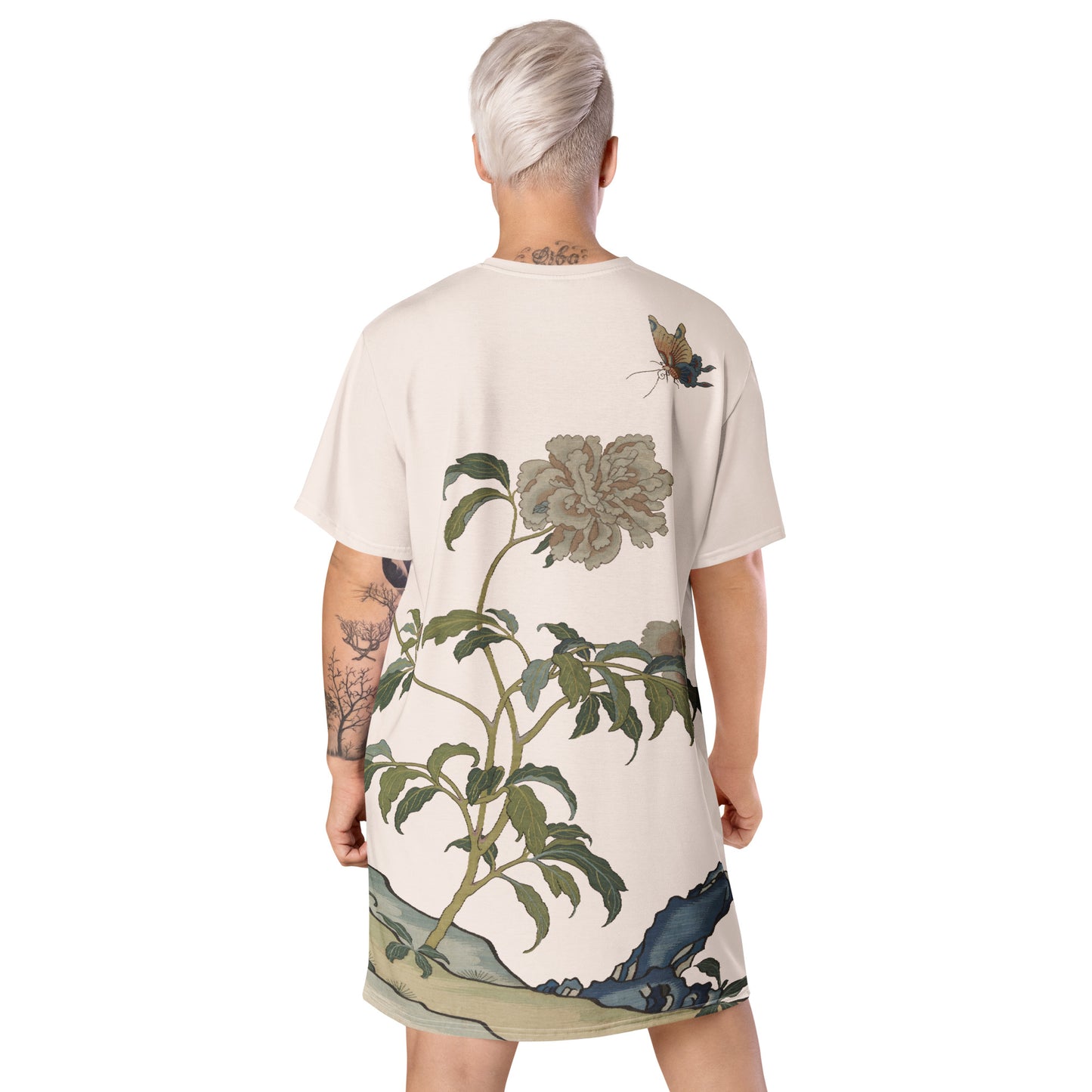 Kesi Flower Album｜Peonies and Butterfly｜T-shirt dress｜Fish belly white