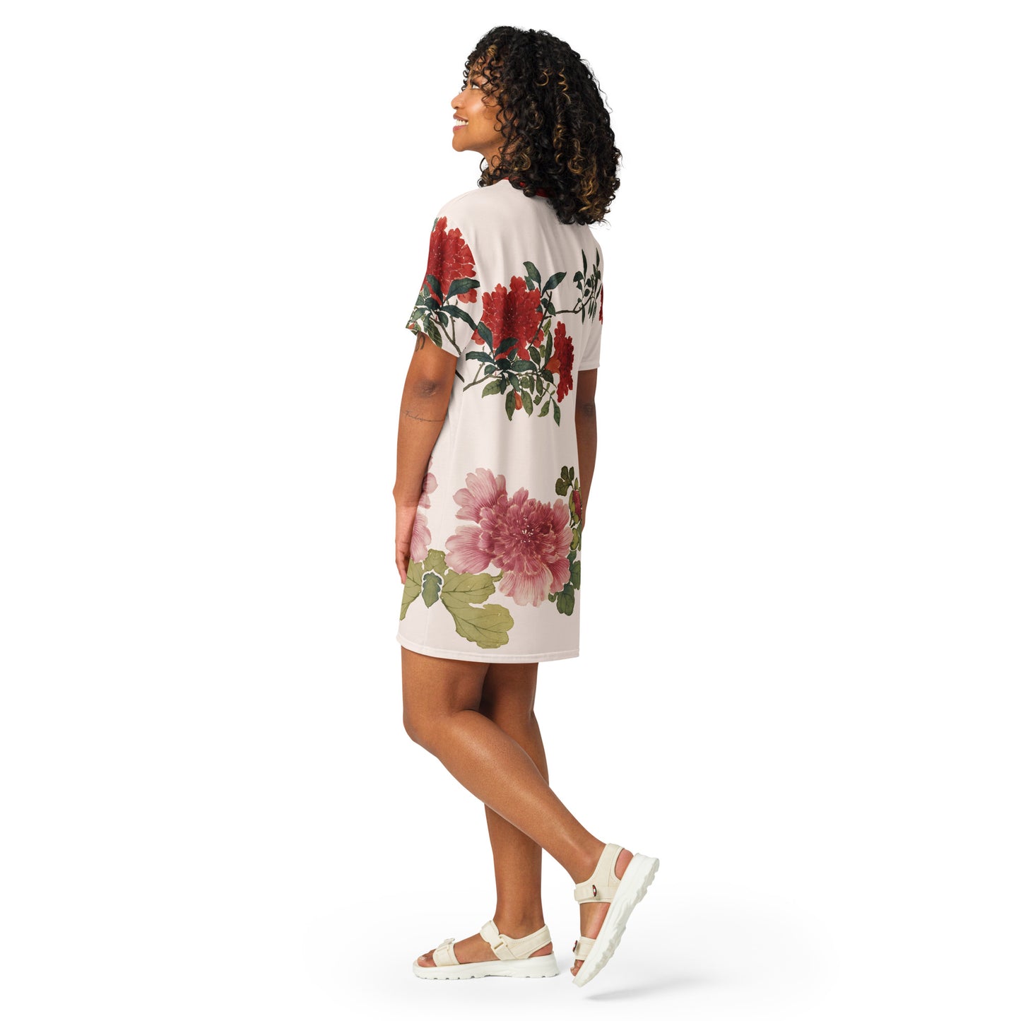 The Spirit of Flowers in Twelve Months｜Hollyhock and Pomegranate in Bloom｜T-shirt dress｜Fish belly white