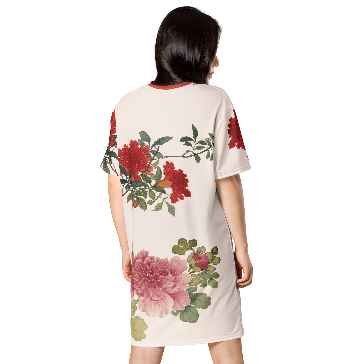 The Spirit of Flowers in Twelve Months｜Hollyhock and Pomegranate in Bloom｜T-shirt dress｜Fish belly white