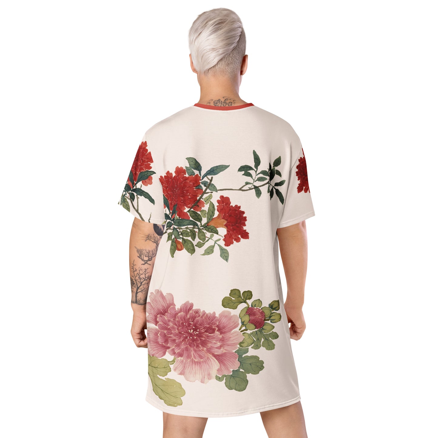 The Spirit of Flowers in Twelve Months｜Hollyhock and Pomegranate in Bloom｜T-shirt dress｜Fish belly white