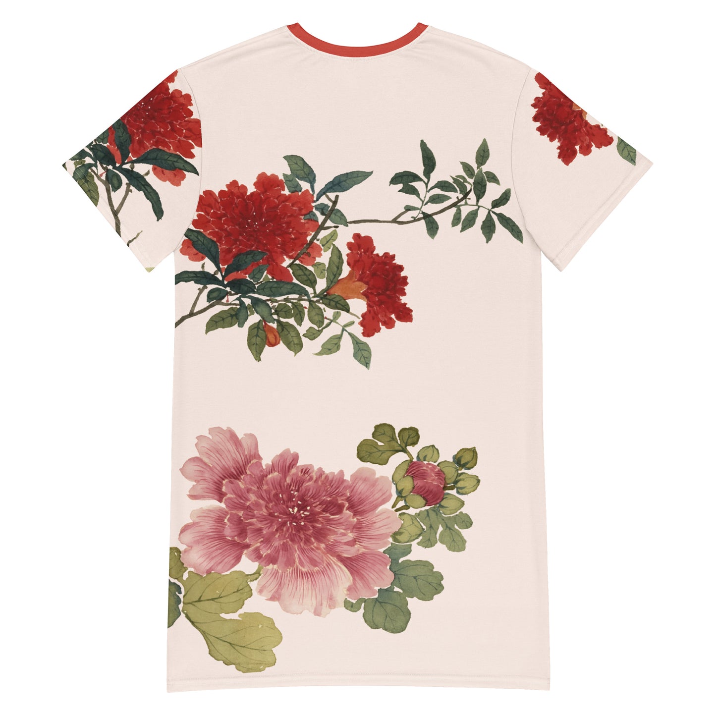 The Spirit of Flowers in Twelve Months｜Hollyhock and Pomegranate in Bloom｜T-shirt dress｜Fish belly white