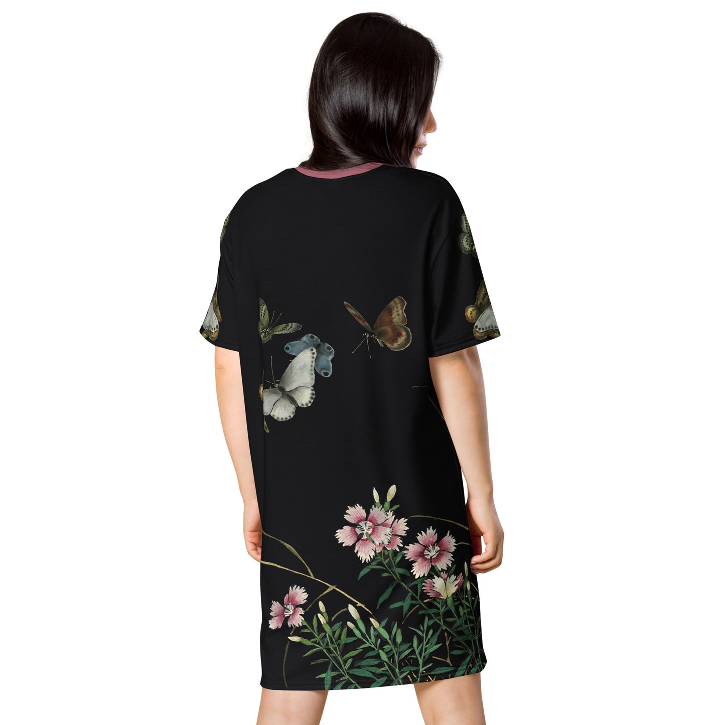 Cats And Butterflies Of Longevity｜Butterflies and the Blooming Red-flowered Catchfly｜T-shirt dress｜Fish belly white