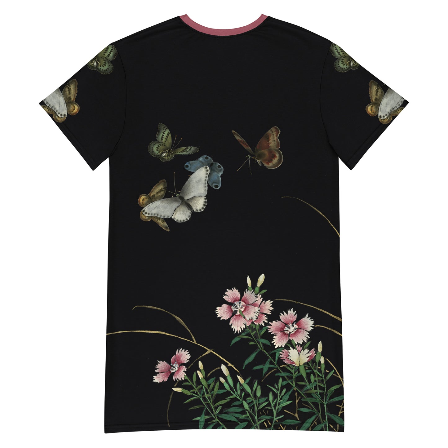 Cats And Butterflies Of Longevity｜Butterflies and the Blooming Red-flowered Catchfly｜T-shirt dress｜Fish belly white