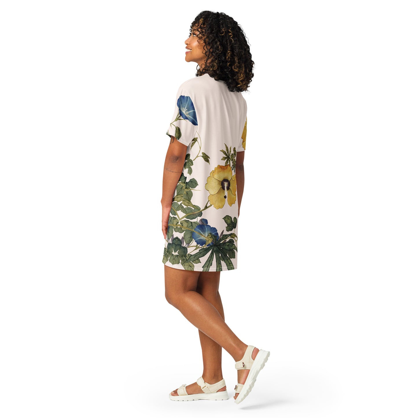 The Spirit of Flowers in Twelve Months｜Okra and White-edged Morning Glory in Bloom｜T-shirt dress｜Fish belly white