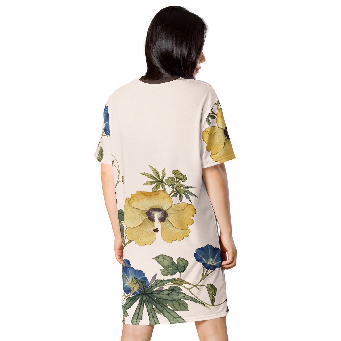 The Spirit of Flowers in Twelve Months｜Okra and White-edged Morning Glory in Bloom｜T-shirt dress｜Fish belly white