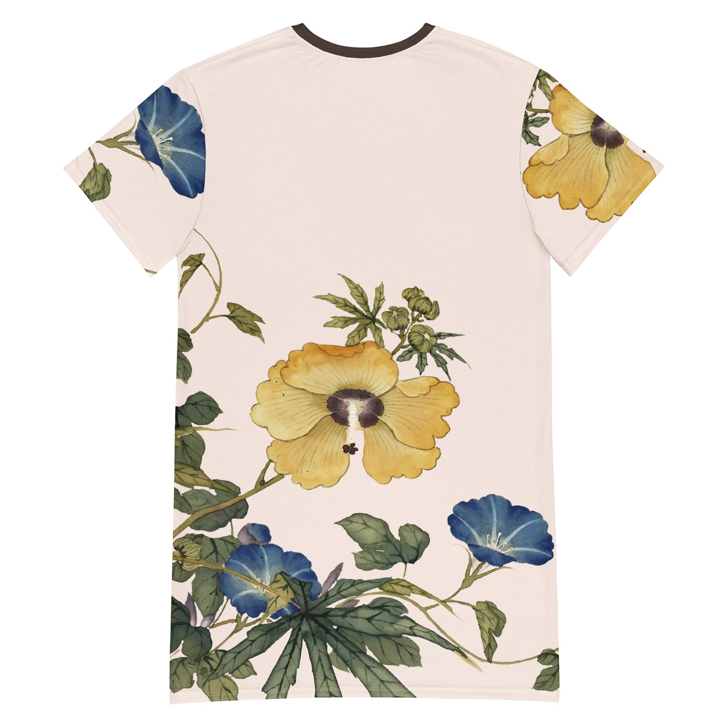 12ヶ月の花の精霊｜オクラと白縁の朝顔の花｜Tシャツドレス｜魚の腹の白