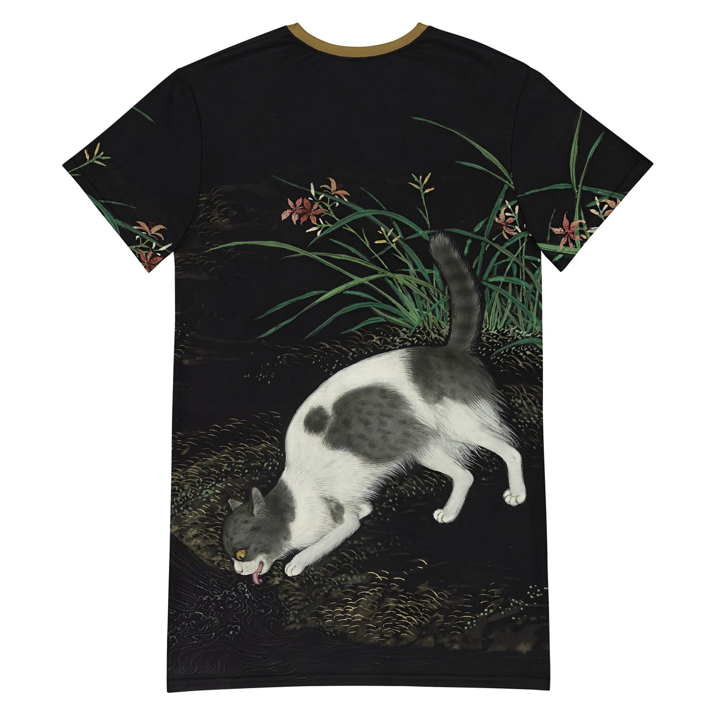 長寿の猫と蝶｜咲き誇るオレンジのデイリリーの猫｜Tシャツドレス