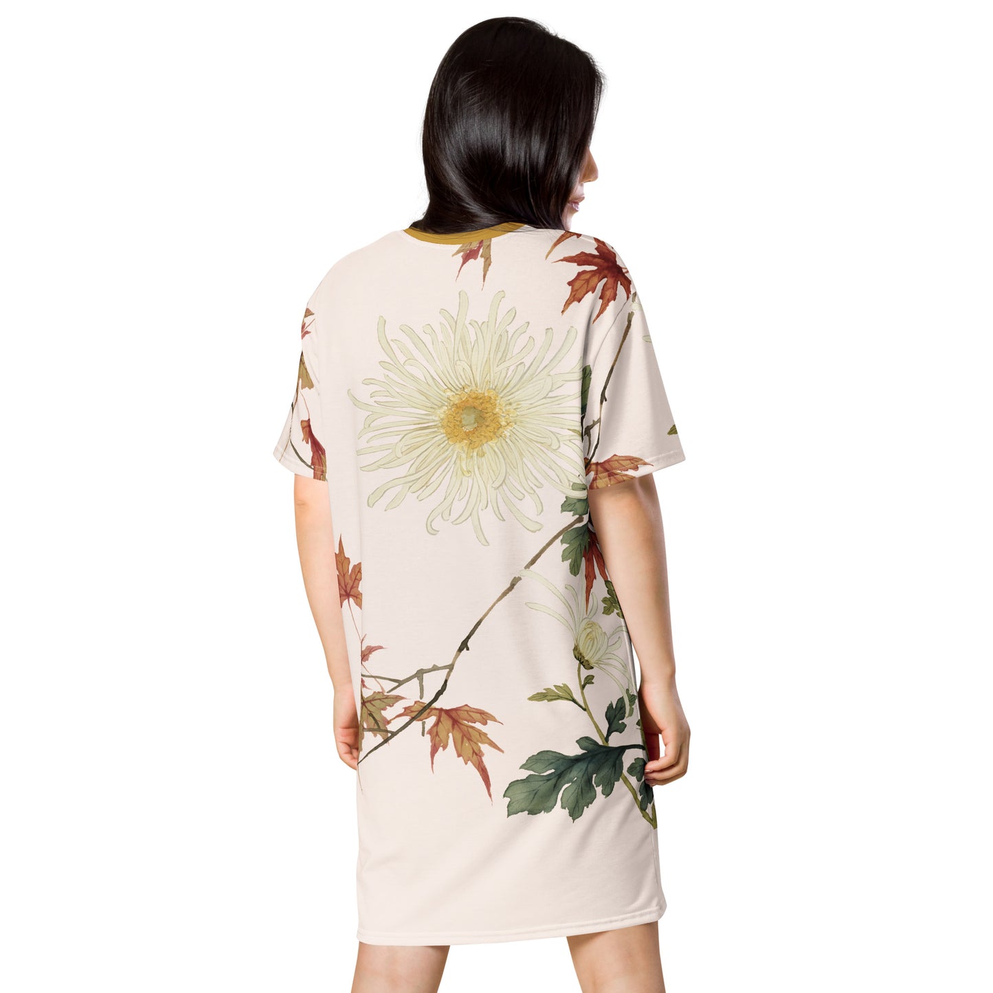 The Spirit of Flowers in Twelve Months｜Blooming Chrysanthemum and Maple Leaves｜T-shirt dress｜Fish belly white