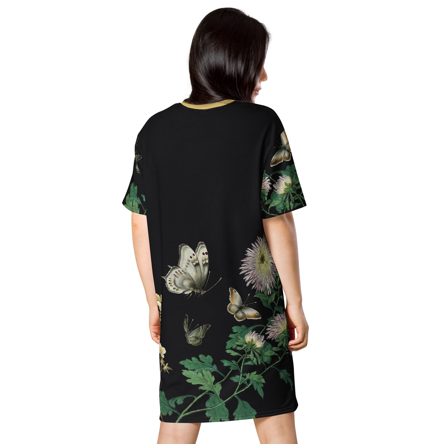 Cats And Butterflies Of Longevity｜Butterflies amidst the Blooming Chrysanthemum and Okra｜T-shirt dress