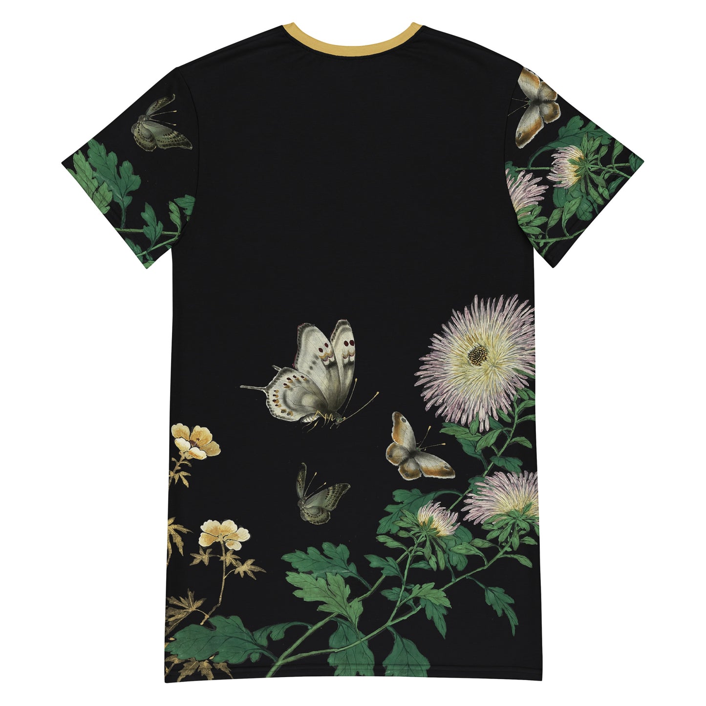 Cats And Butterflies Of Longevity｜Butterflies amidst the Blooming Chrysanthemum and Okra｜T-shirt dress