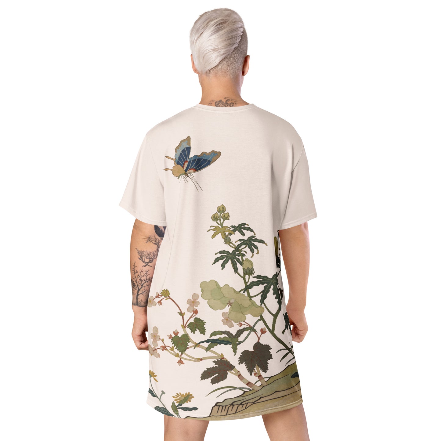 Kesi Flower Album｜Hibiscus and Begonia Blossoms｜T-shirt dress｜Fish belly white