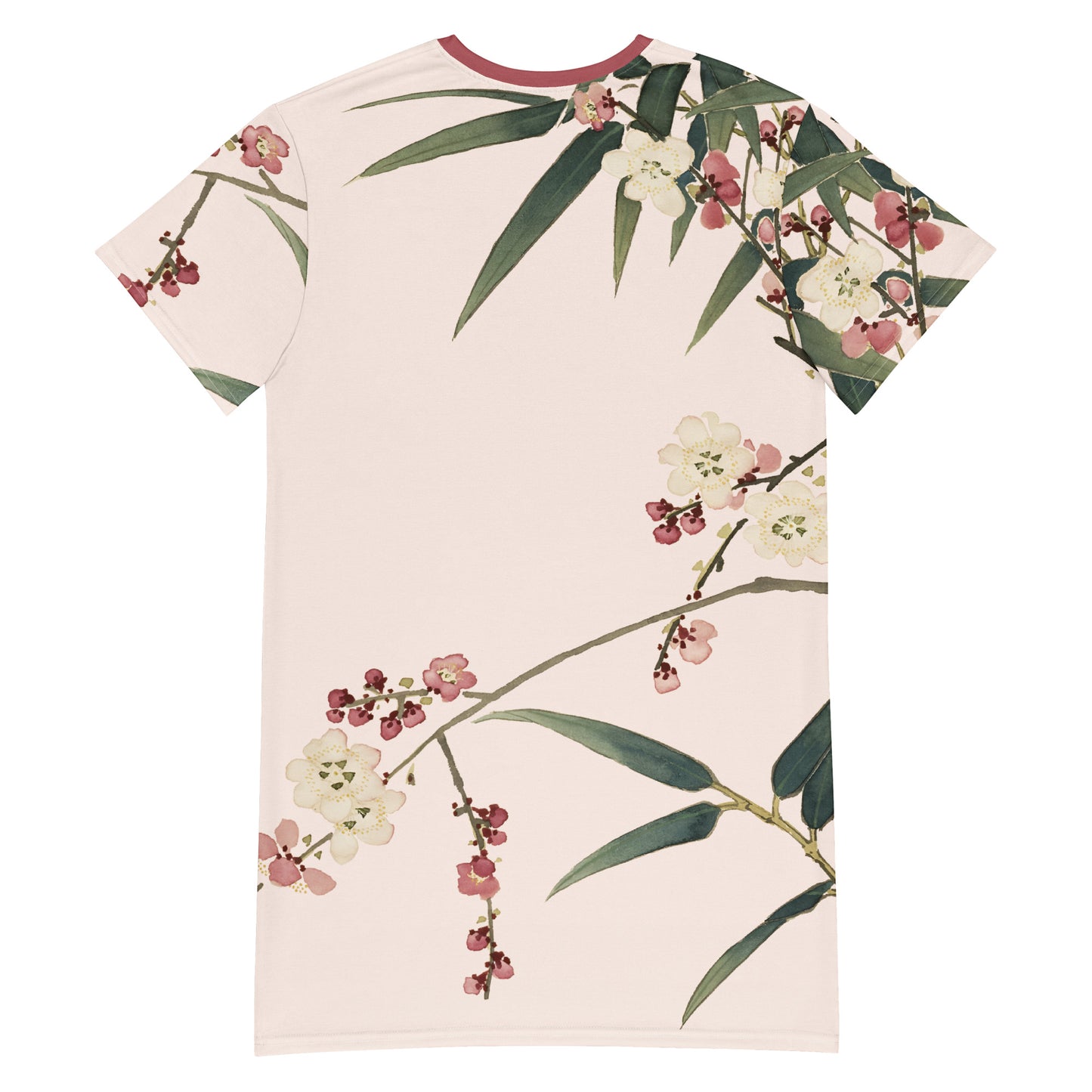 The Spirit of Flowers in Twelve Months｜Crimson Plum Blossom and Lush Green Bamboo｜T-shirt dress｜Fish belly white