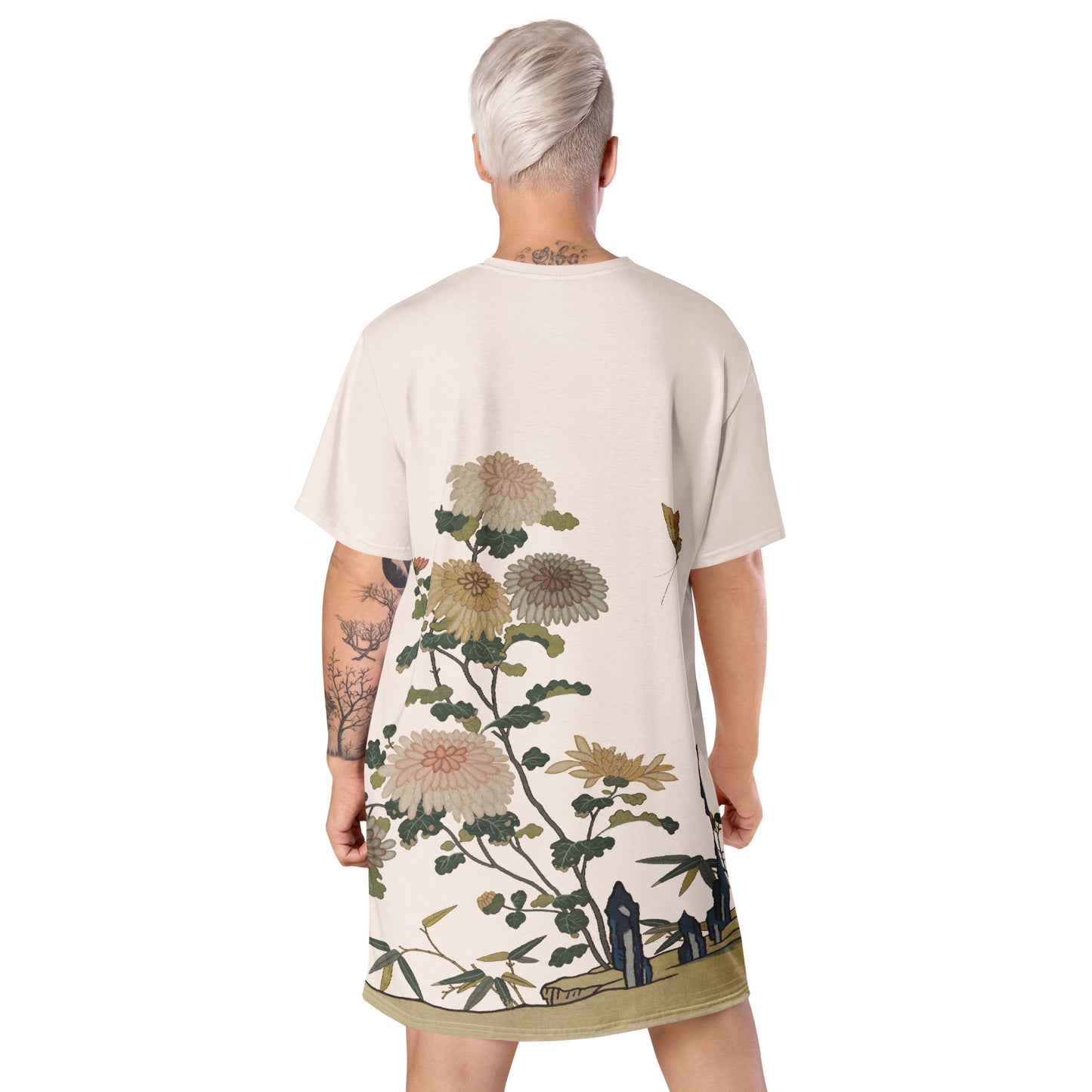 Kesi Flower Album｜Chrysanthemums and Butterflies｜T-shirt dress｜Fish belly white