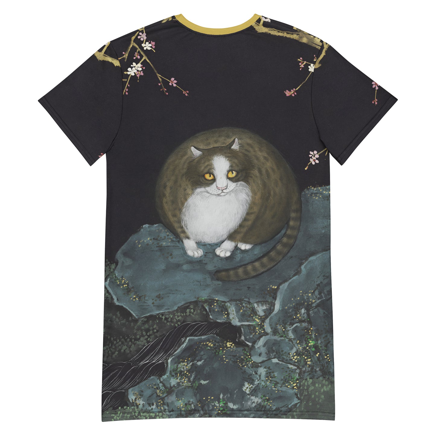 Cats And Butterflies Of Longevity｜A Cat amidst the Crimson Plum Blossom｜T-shirt dress