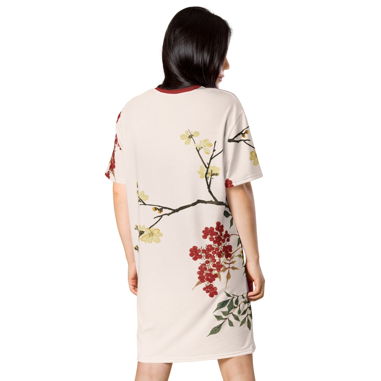 The Spirit of Flowers in Twelve Months｜Blooming Wintersweet and Heavenly Bamboo｜T-shirt dress｜Fish belly white