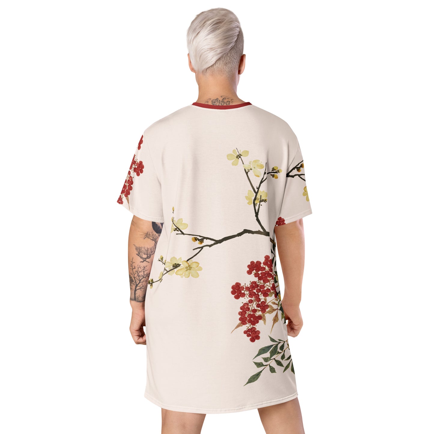 The Spirit of Flowers in Twelve Months｜Blooming Wintersweet and Heavenly Bamboo｜T-shirt dress｜Fish belly white