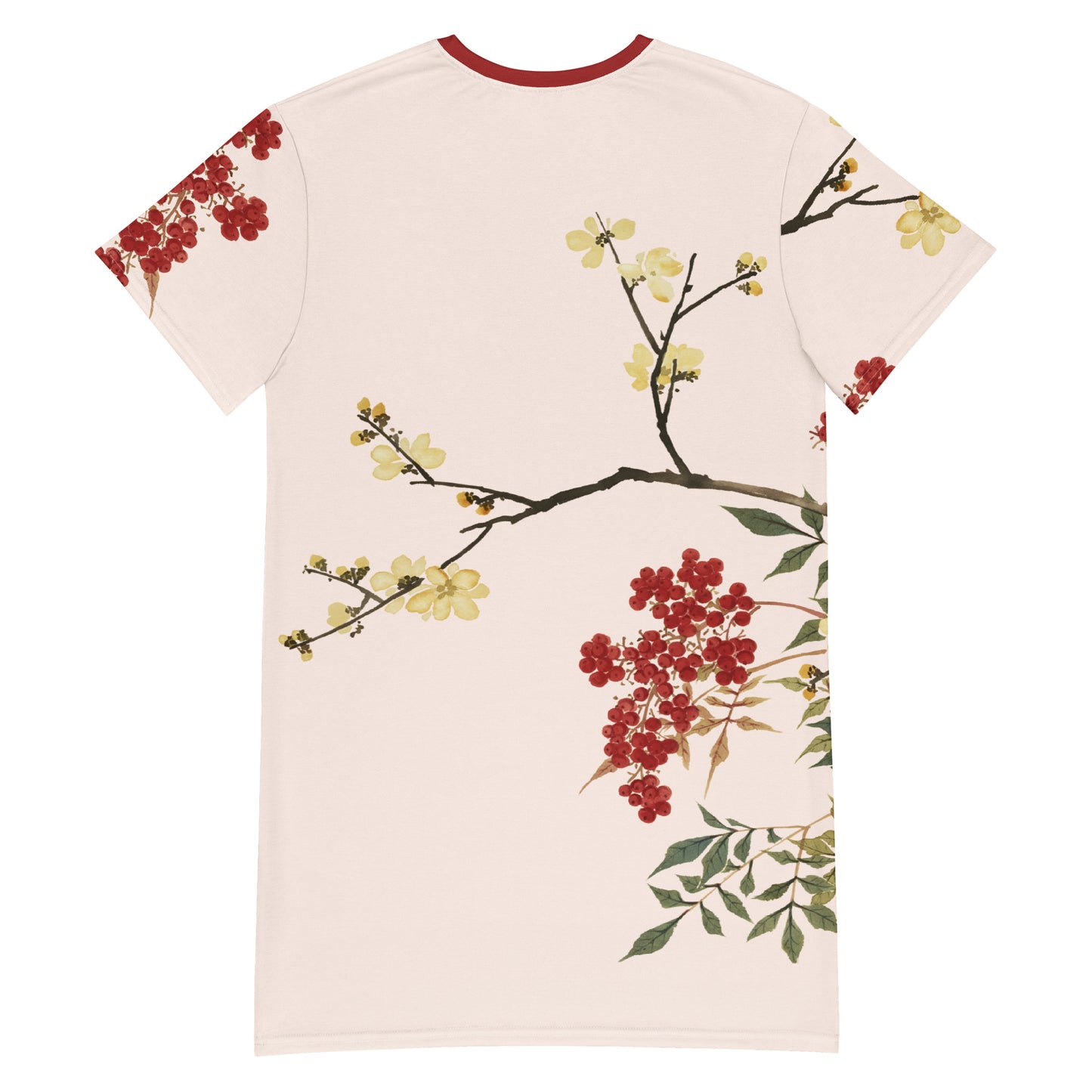 The Spirit of Flowers in Twelve Months｜Blooming Wintersweet and Heavenly Bamboo｜T-shirt dress｜Fish belly white