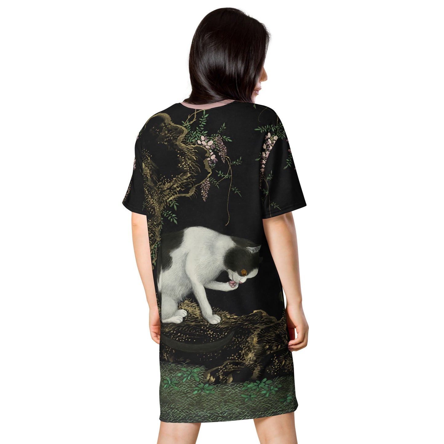 Cats And Butterflies Of Longevity｜A Cat by the Blooming Wisteria｜T-shirt dress