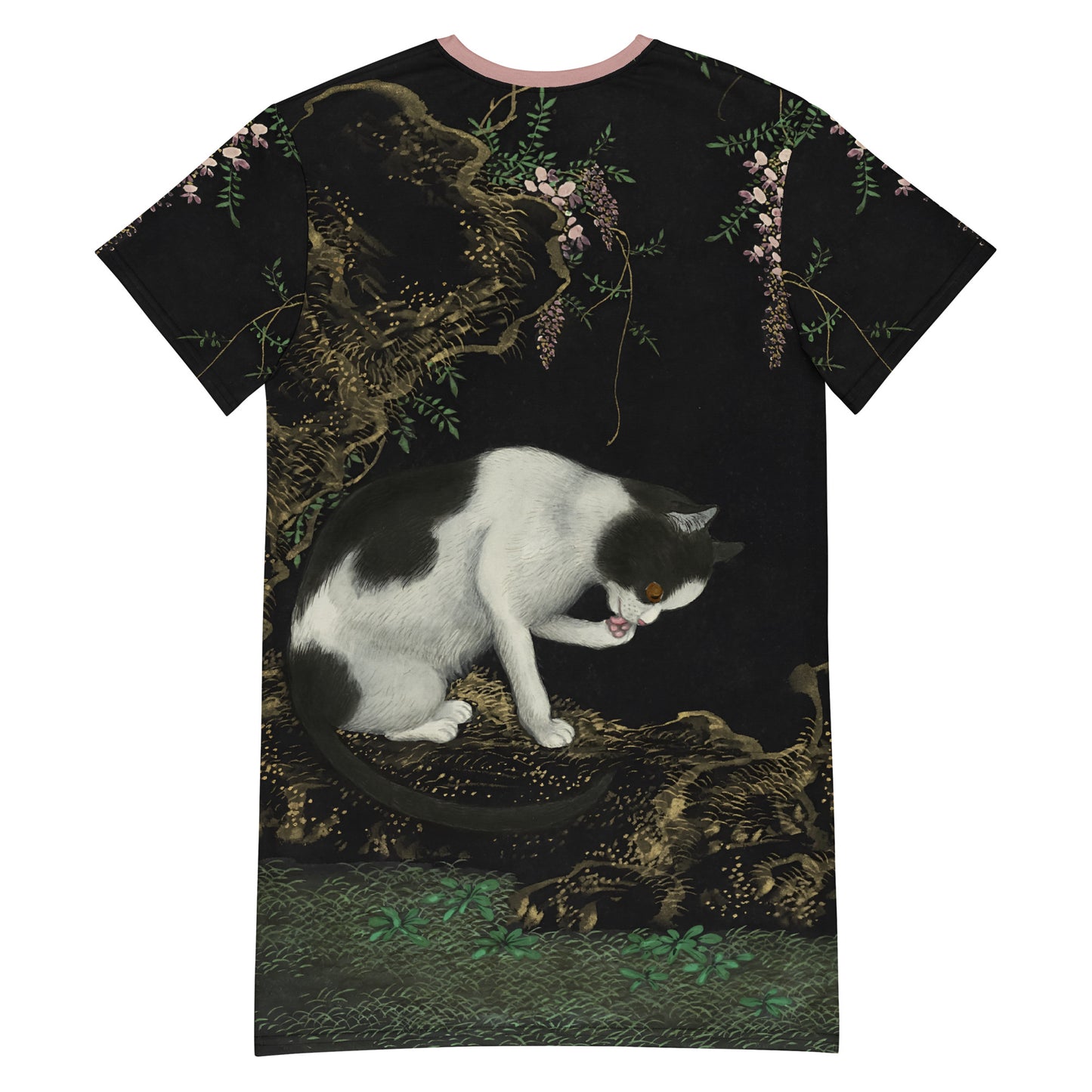 長寿の猫と蝶｜咲き誇る藤の下の猫｜Tシャツワンピース