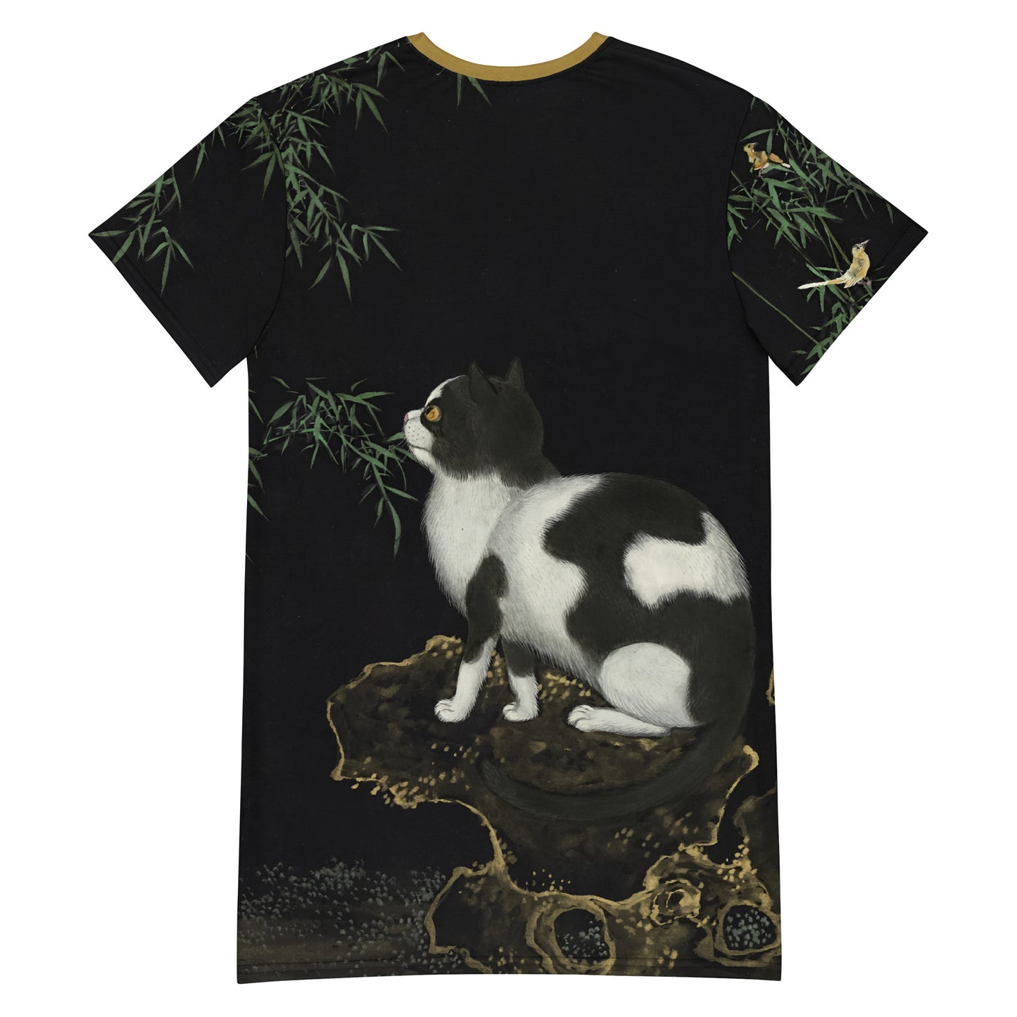 長寿の猫と蝶｜猫と2羽のオリオール｜Tシャツワンピース