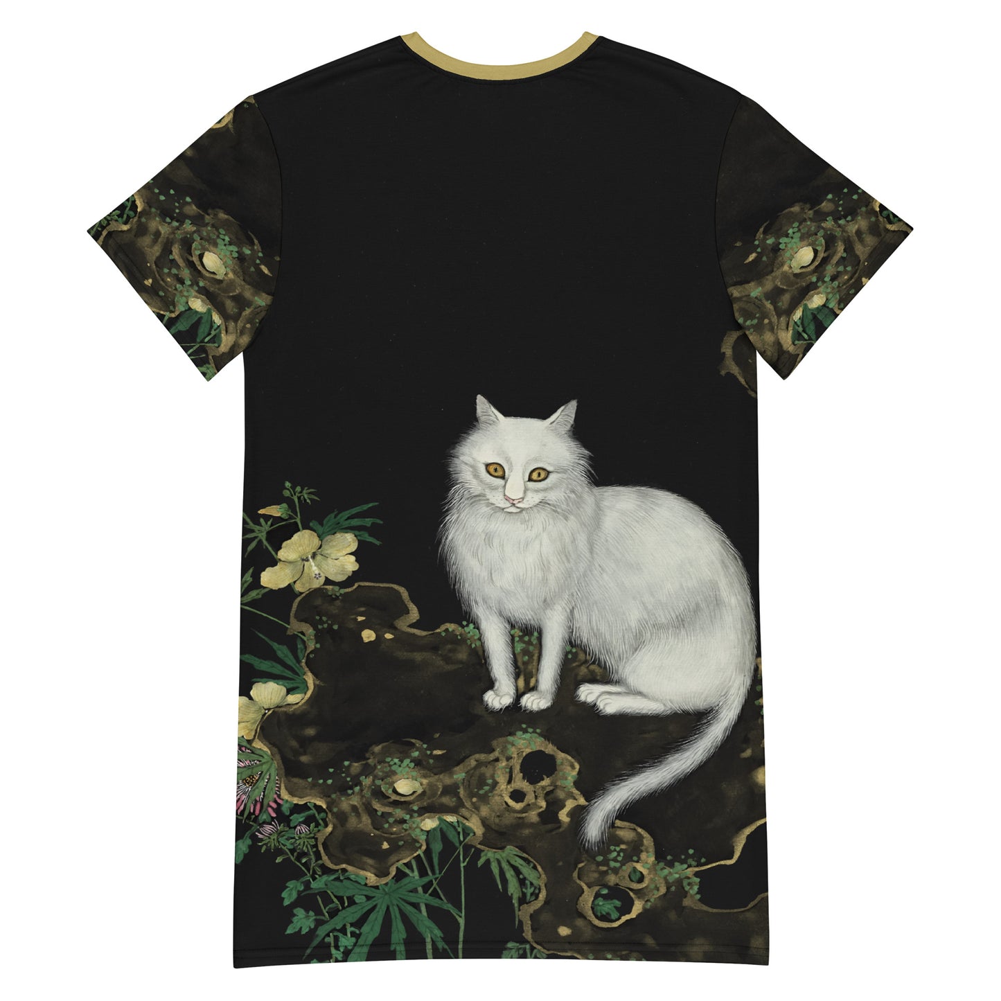 長寿の猫と蝶｜咲き誇る菊とオクラの中の猫｜Tシャツドレス