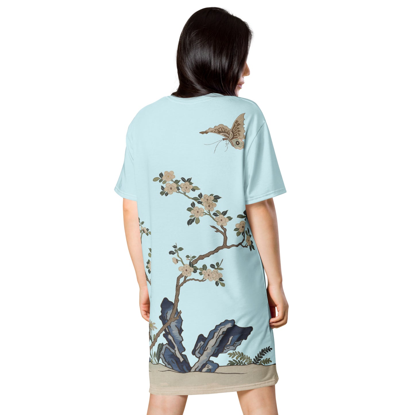 Kesi Flower Album｜White Plum Blossoms and Butterfly｜T-shirt dress｜Aqua blue