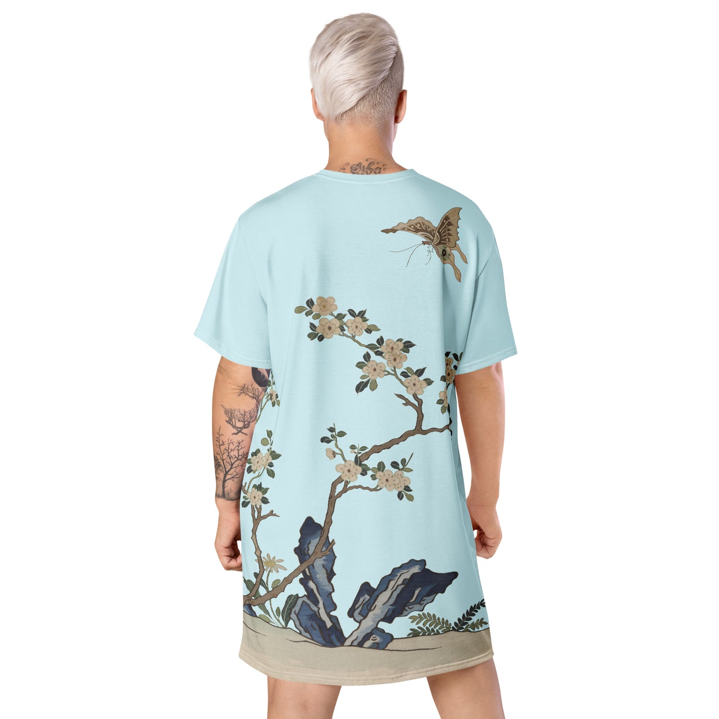 Kesi Flower Album｜White Plum Blossoms and Butterfly｜T-shirt dress｜Aqua blue