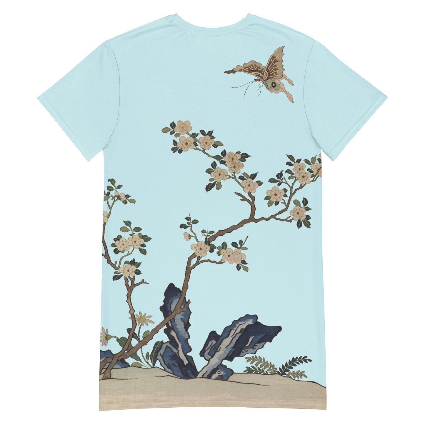 Kesi Flower Album｜White Plum Blossoms and Butterfly｜T-shirt dress｜Aqua blue