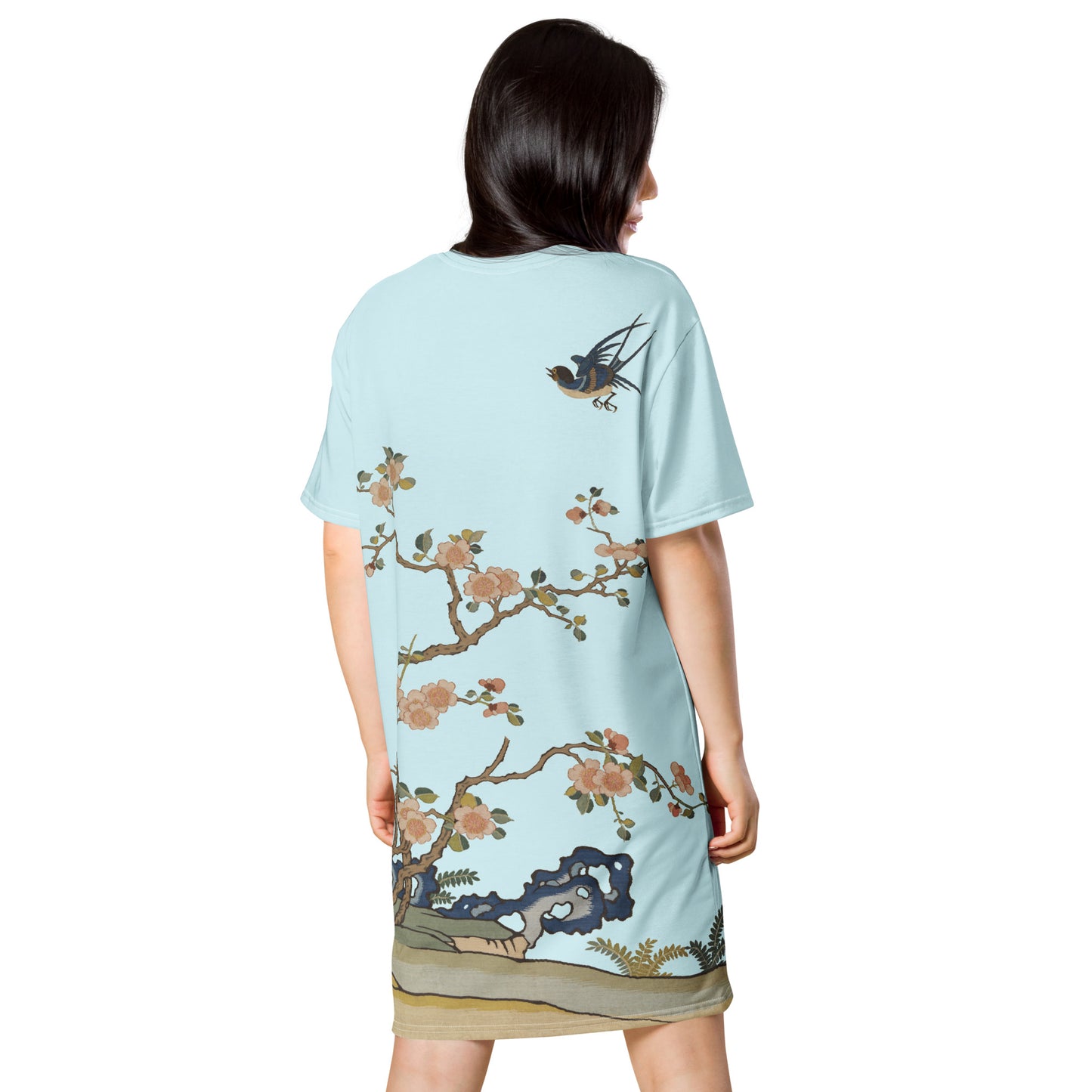 Kesi Flower Album｜Swallow in Flight, Harbinger of Spring｜T-shirt dress｜Aqua blue