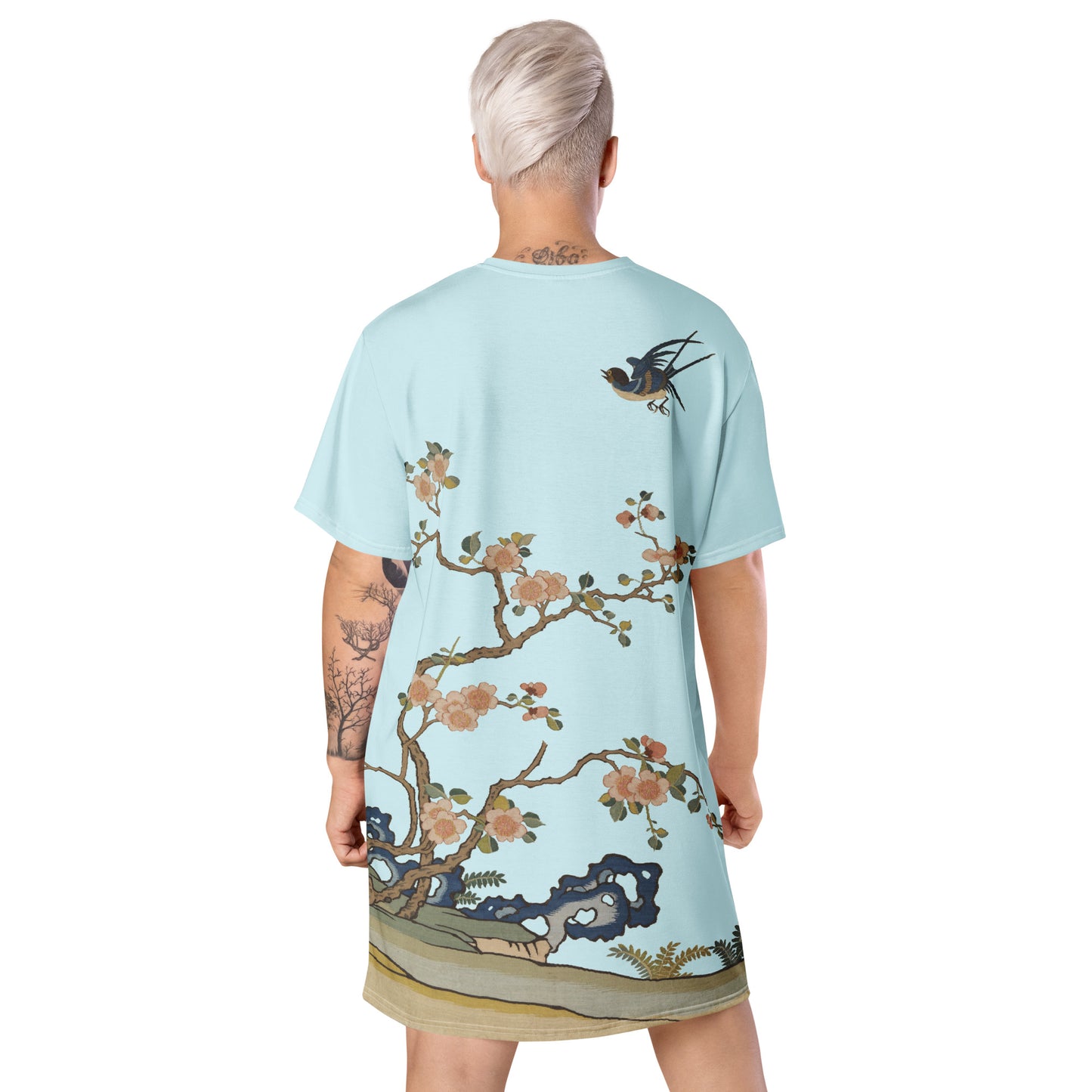 Kesi Flower Album｜Swallow in Flight, Harbinger of Spring｜T-shirt dress｜Aqua blue