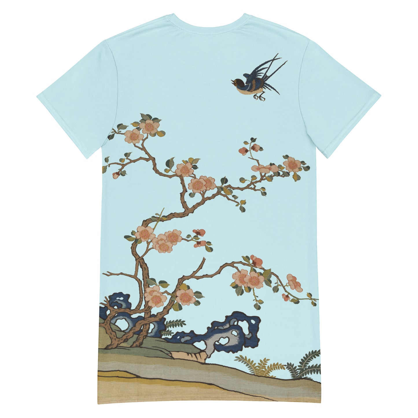 Kesi Flower Album｜Swallow in Flight, Harbinger of Spring｜T-shirt dress｜Aqua blue