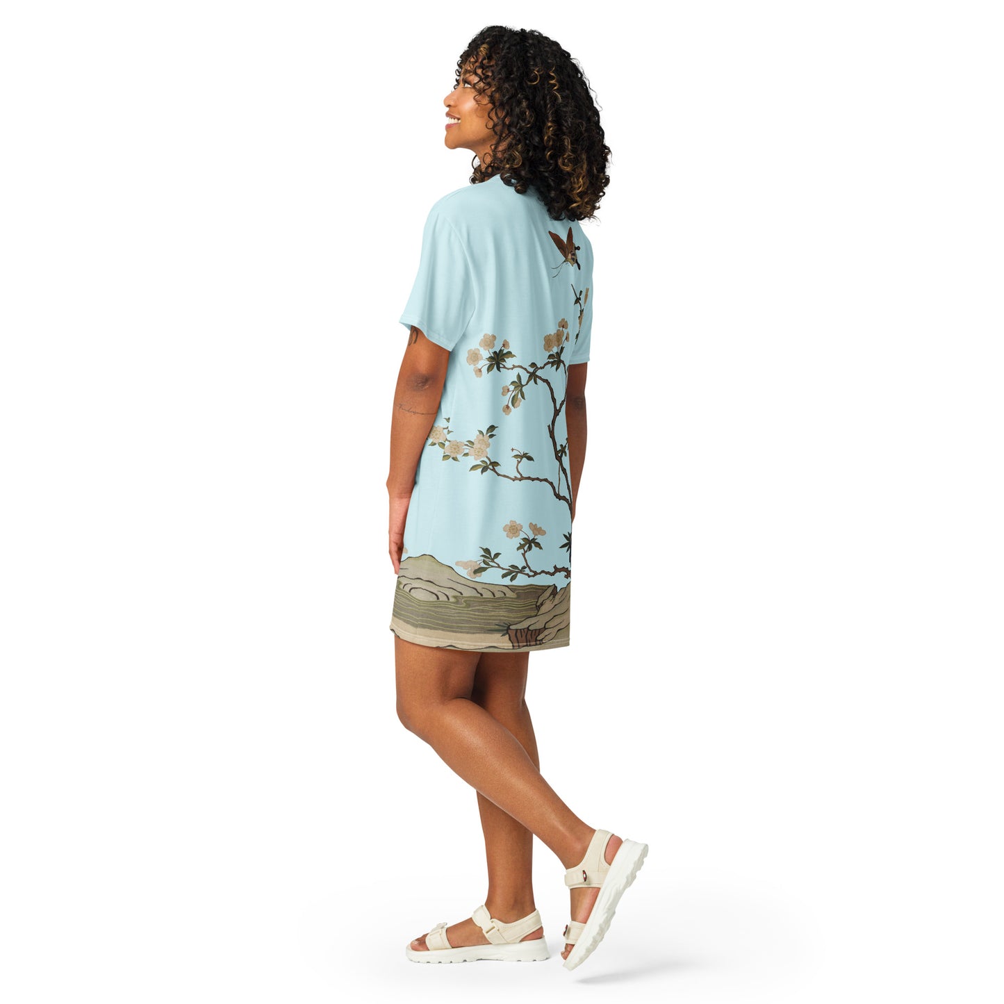 Kesi Flower Album｜Plum Blossoms and Butterfly｜T-shirt dress｜Aqua blue