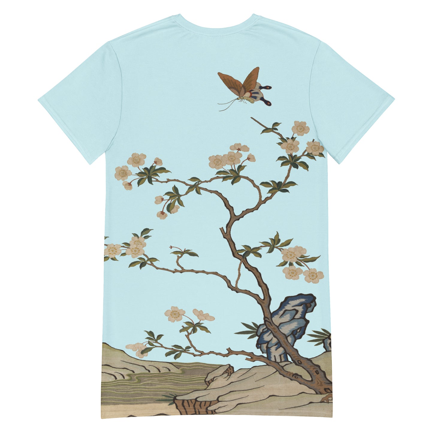 Kesi Flower Album｜Plum Blossoms and Butterfly｜T-shirt dress｜Aqua blue