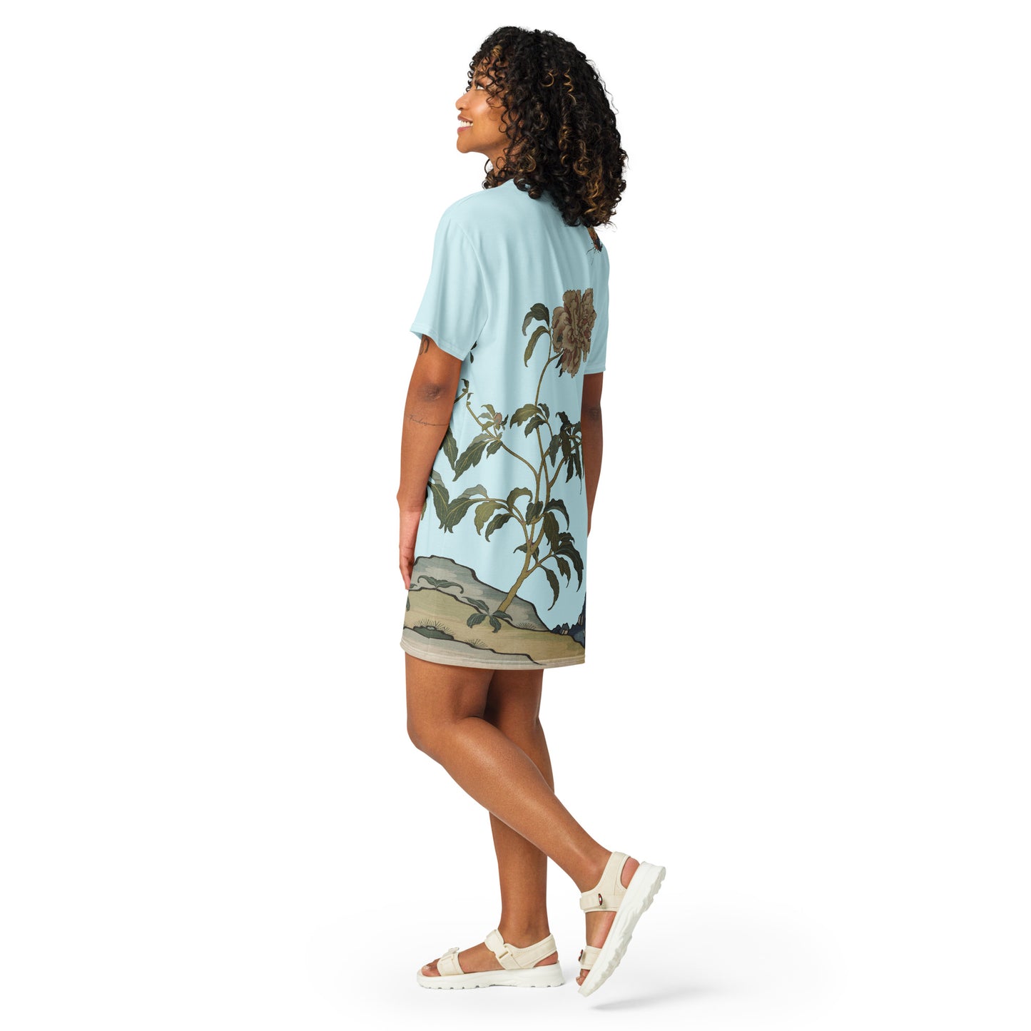 Kesi Flower Album｜Peonies and Butterfly｜T-shirt dress｜Aqua blue