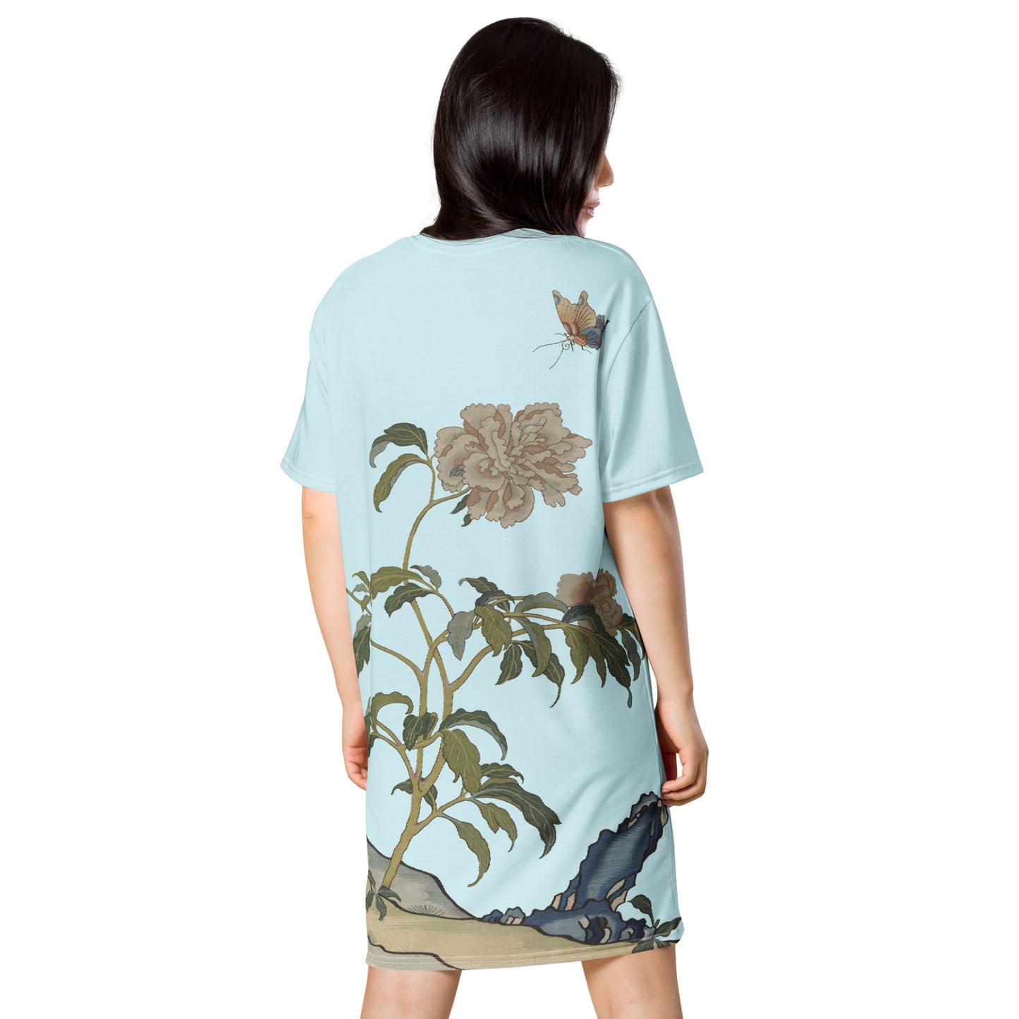 Kesi Flower Album｜Peonies and Butterfly｜T-shirt dress｜Aqua blue