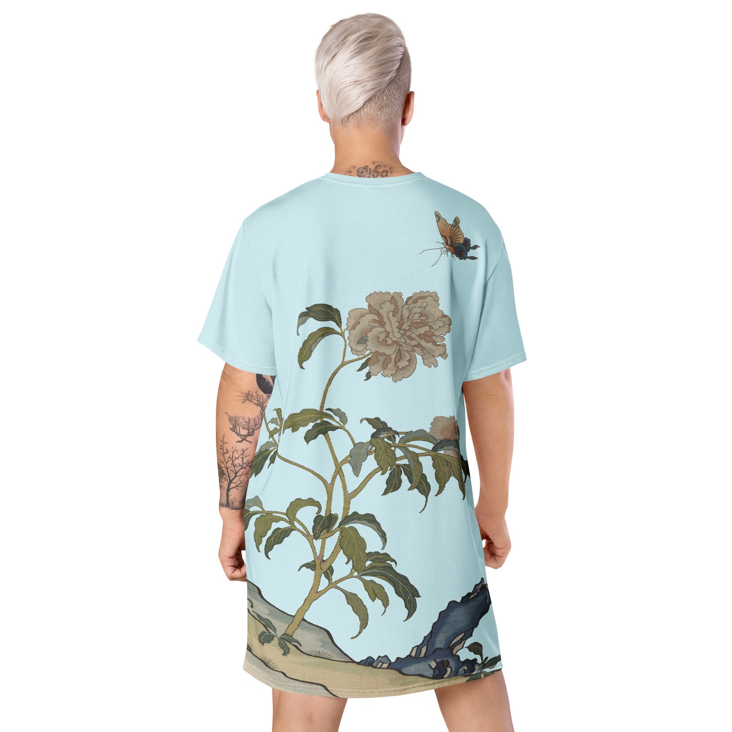 Kesi Flower Album｜Peonies and Butterfly｜T-shirt dress｜Aqua blue