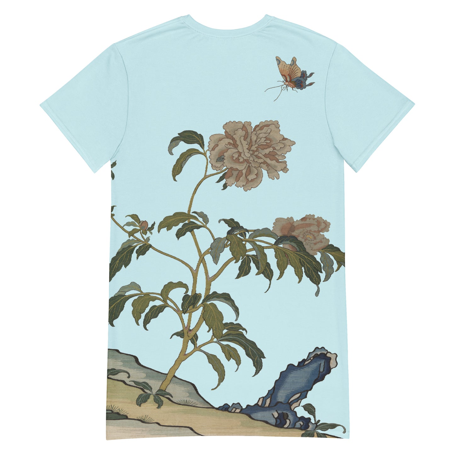 ケシの花アルバム｜芍薬と蝶｜Tシャツドレス｜アクアブルー