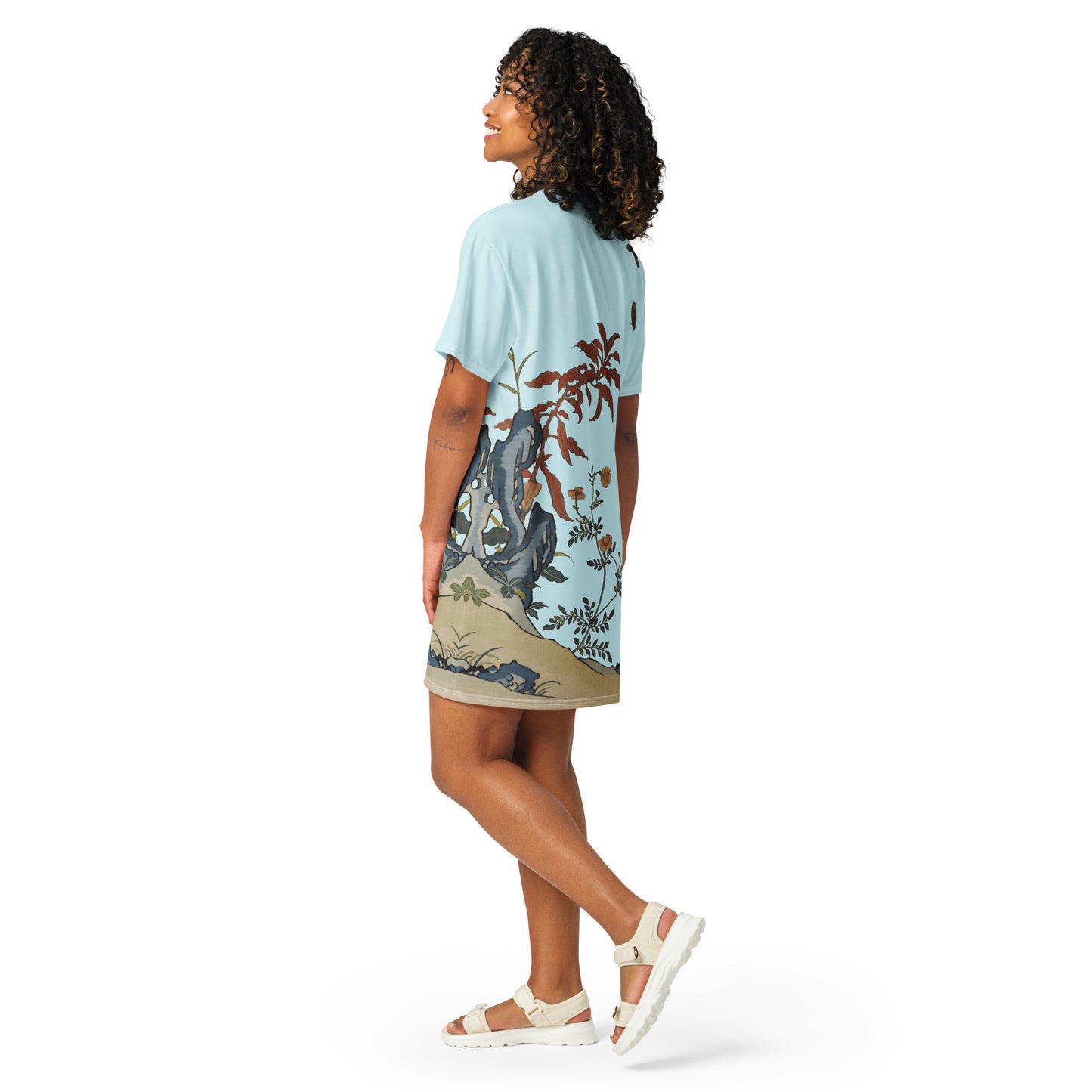 Kesi Flower Album｜Butterflies and Flowers｜T-shirt dress｜Aqua blue