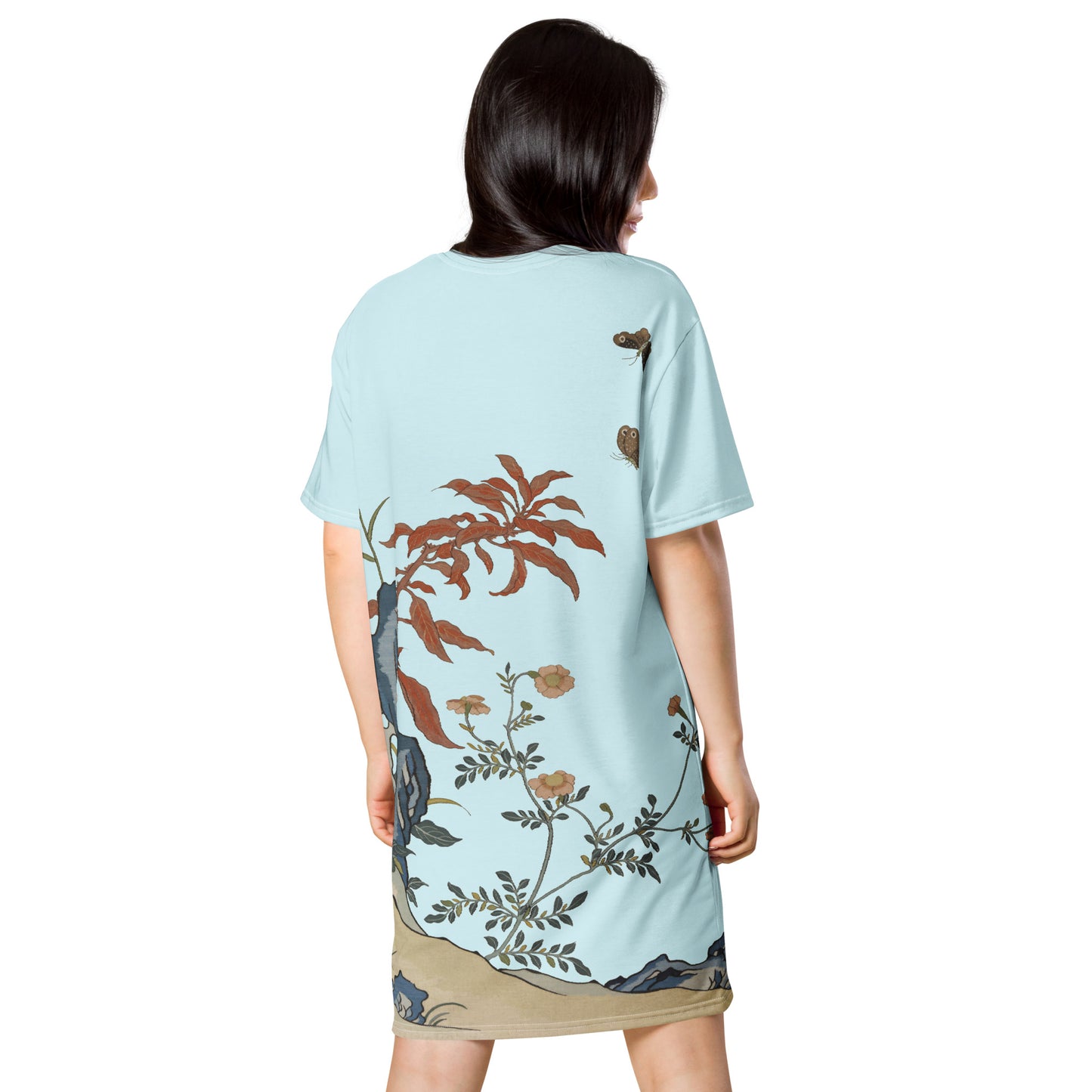 Kesi Flower Album｜Butterflies and Flowers｜T-shirt dress｜Aqua blue