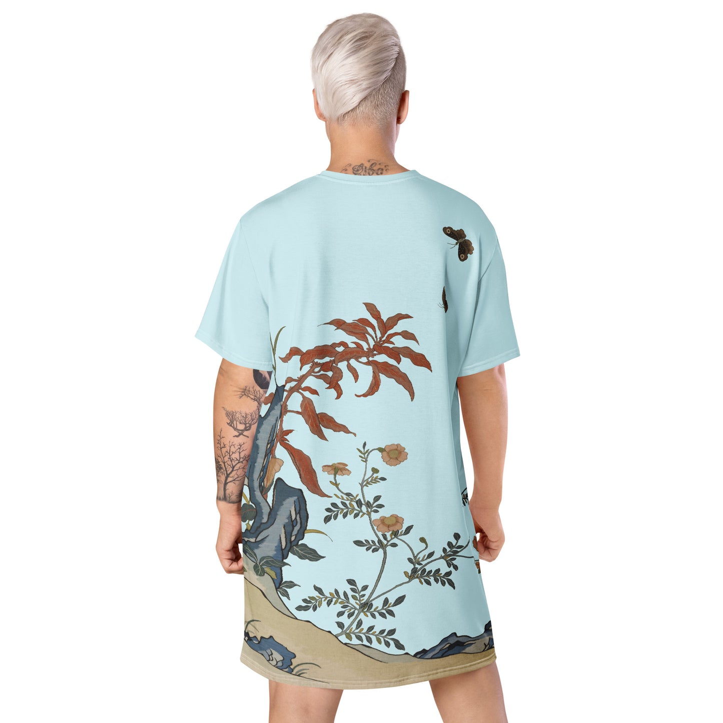 ケシの花アルバム｜蝶と花｜Tシャツドレス｜アクアブルー