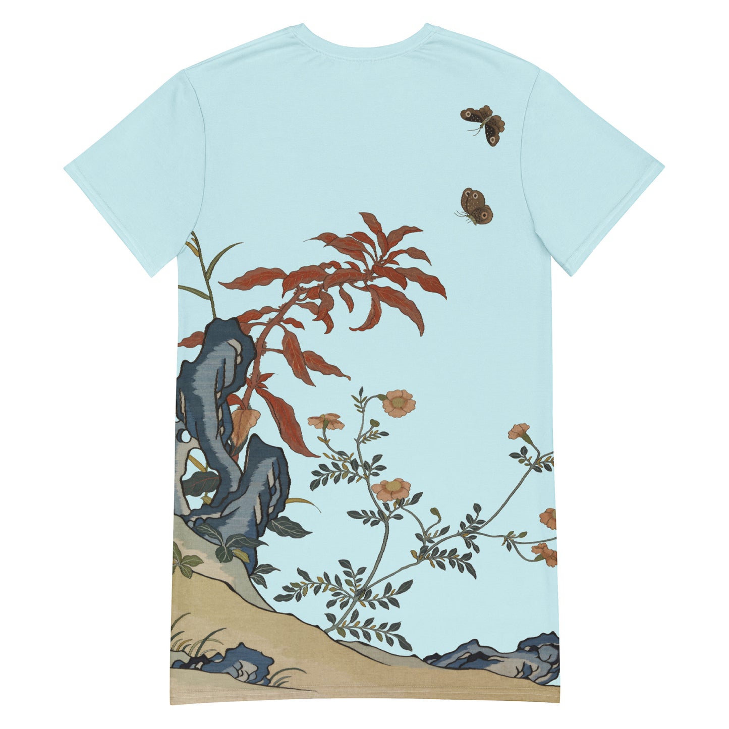 Kesi Flower Album｜Butterflies and Flowers｜T-shirt dress｜Aqua blue